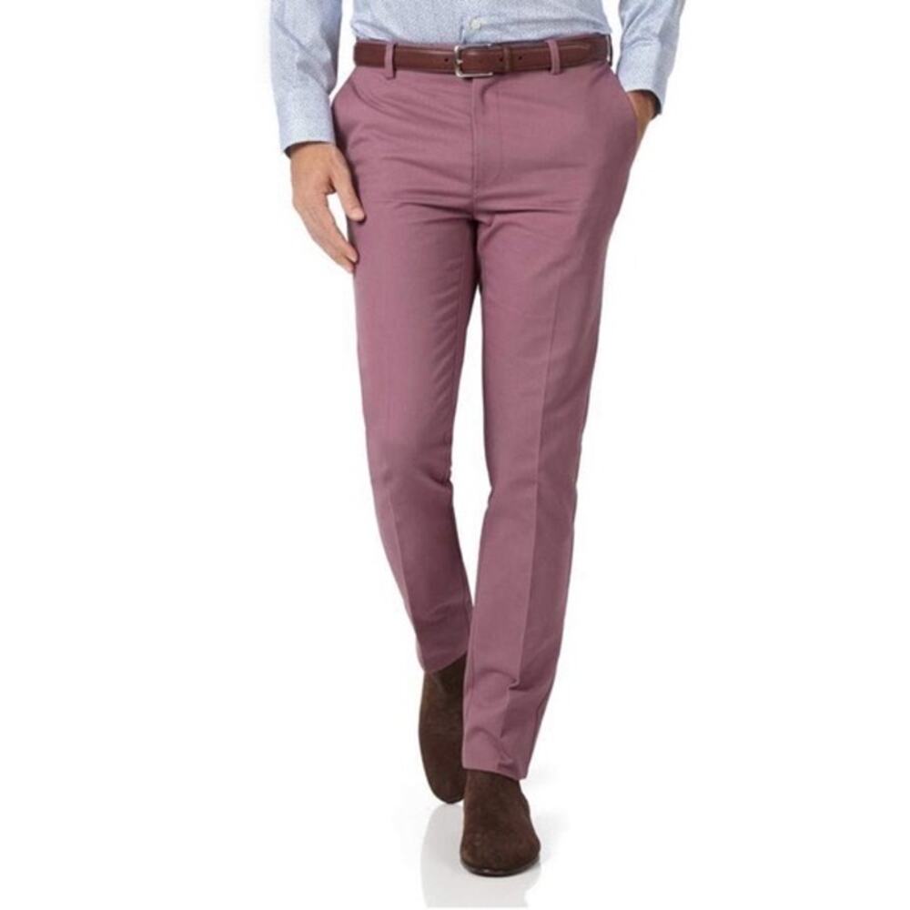 NWT CHARLES TYRWHITT Pants W36 L32 Dusty-Pink Slim-Fit Cotton Stretch Non-Iron